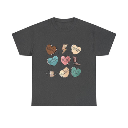 Cowgirl Candy Heart Tee — Cute Western Hearts Graphic T-Shirt (XOXO, Howdy, Y'all)