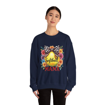 Softball Mama Crewneck Sweatshirt — Floral Softball Design with Leopard Bow