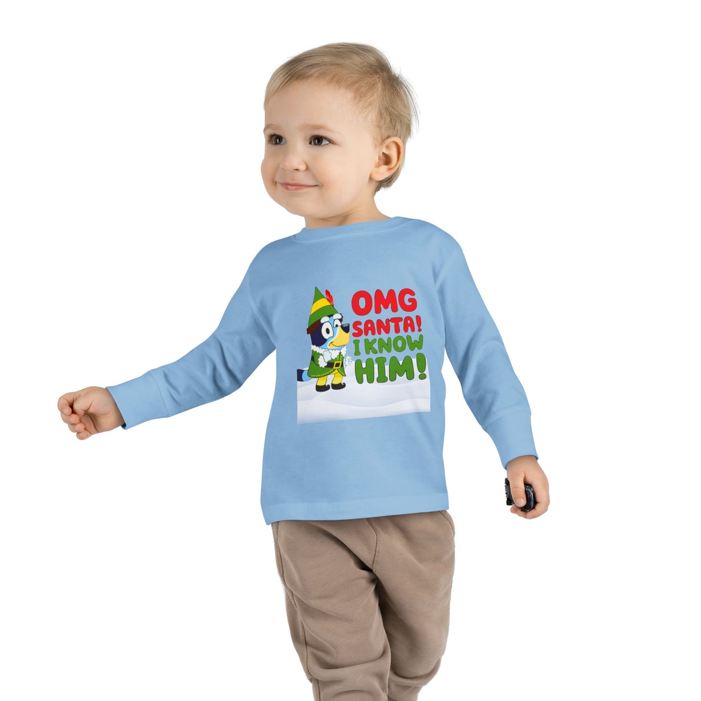 BLUE-Y Toddler Long Sleeve Tee — "OMG Santa! I Know Him!" DOG Christmas Shirt