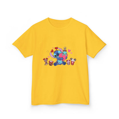 Stitch- Kids Valentine Alien Tee — Cute Blue Alien Hugging Pink Heart Plushie