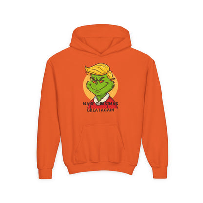 Youth Hoodie — Grinch Face Holiday Sweatshirt with 'Make Christmas Great Again' Text