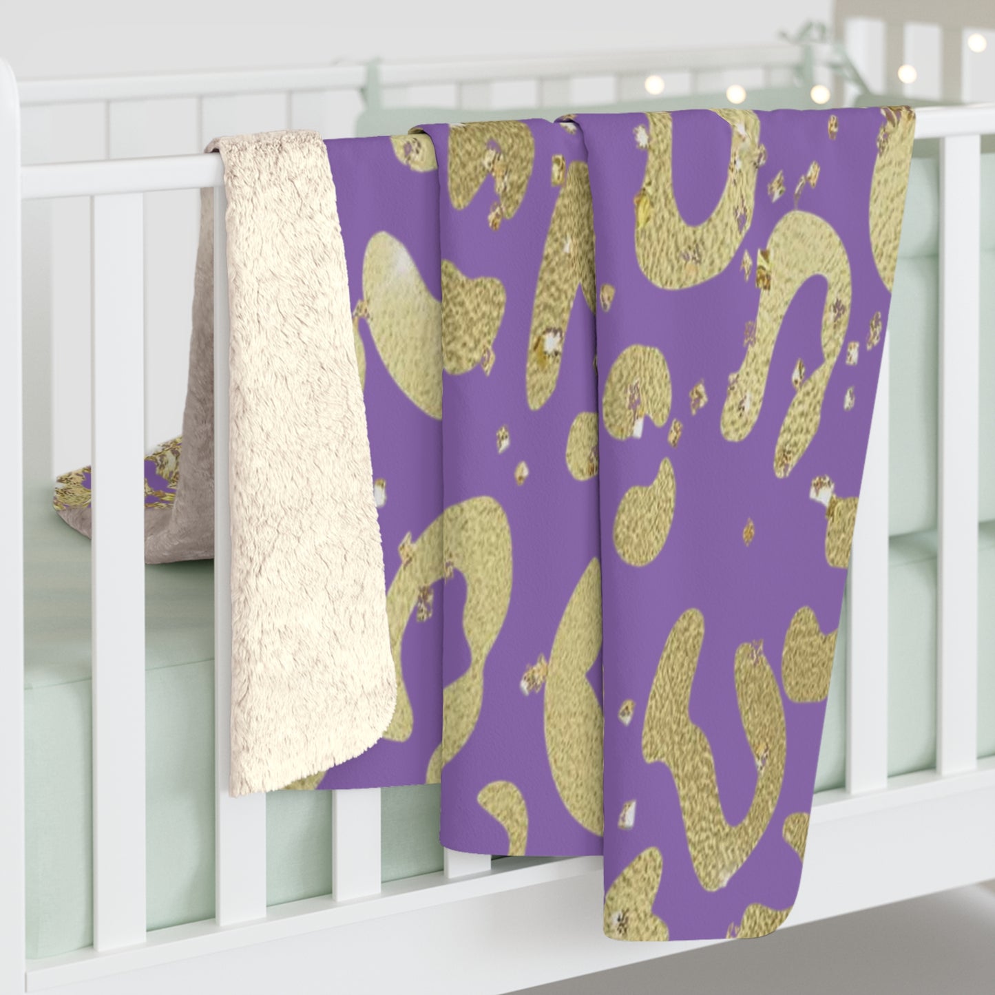 Gold Glitter Leopard Sherpa Blanket — Purple Animal Print Cozy Throw