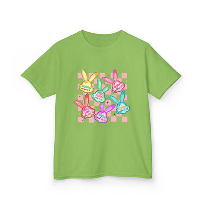 Kids Tee — Colorful Pastel Bunny Badges “Hug Me” Graphic
