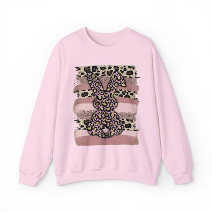 Leopard Print Bunny Crewneck Sweatshirt — Pink Striped Animal Easter Pullover