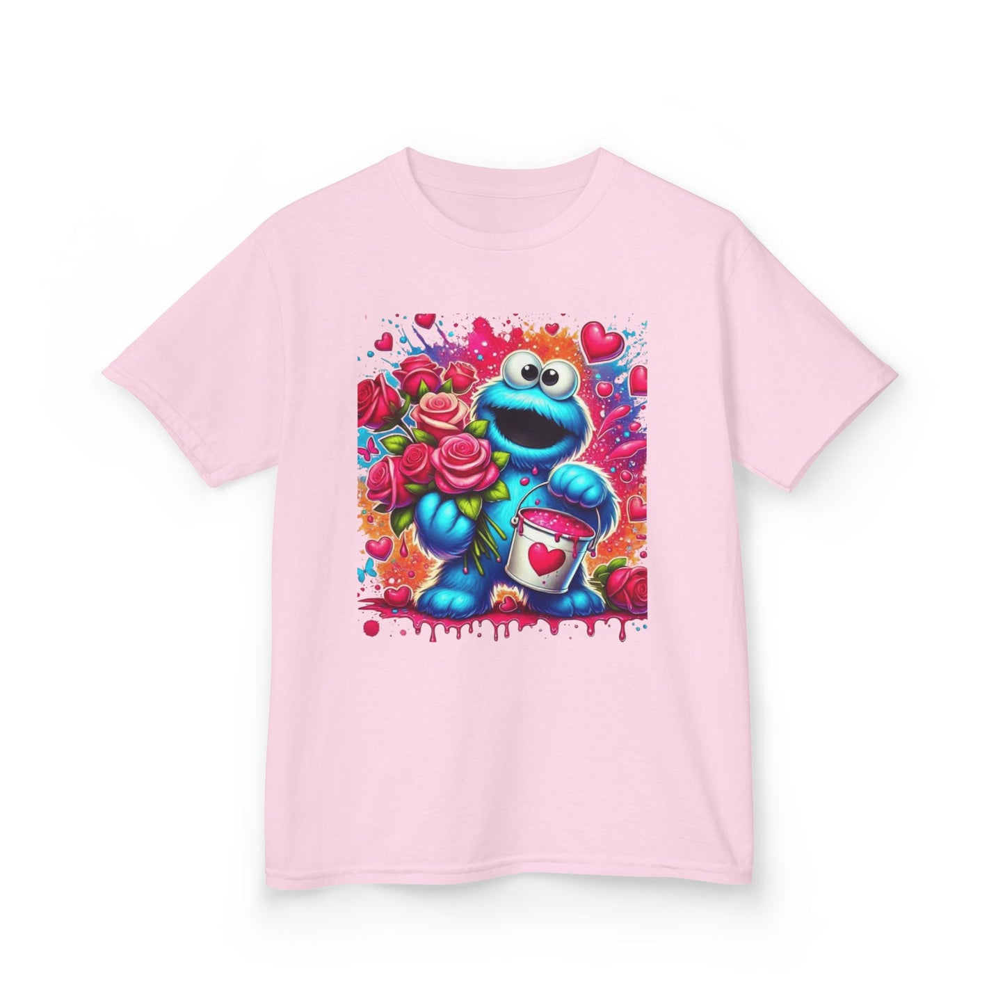 Valentine Blue Monster Kids Tee — Cute Fluffy Monster with Roses & Heart Paint