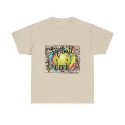 Softball Life Tee — Neon Softball Graphic with Leopard Accent