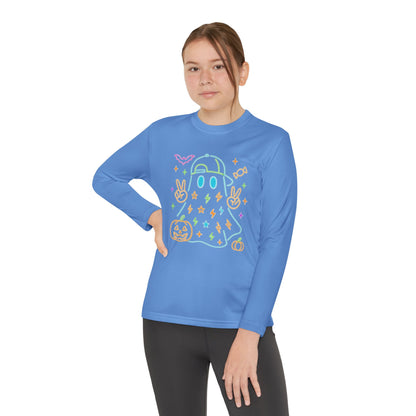 Youth Long Sleeve Ghost Tee, Halloween Shirt, Pumpkin Design, Cute Apparel, Kids' Holiday Wear, Spooky Fun Top