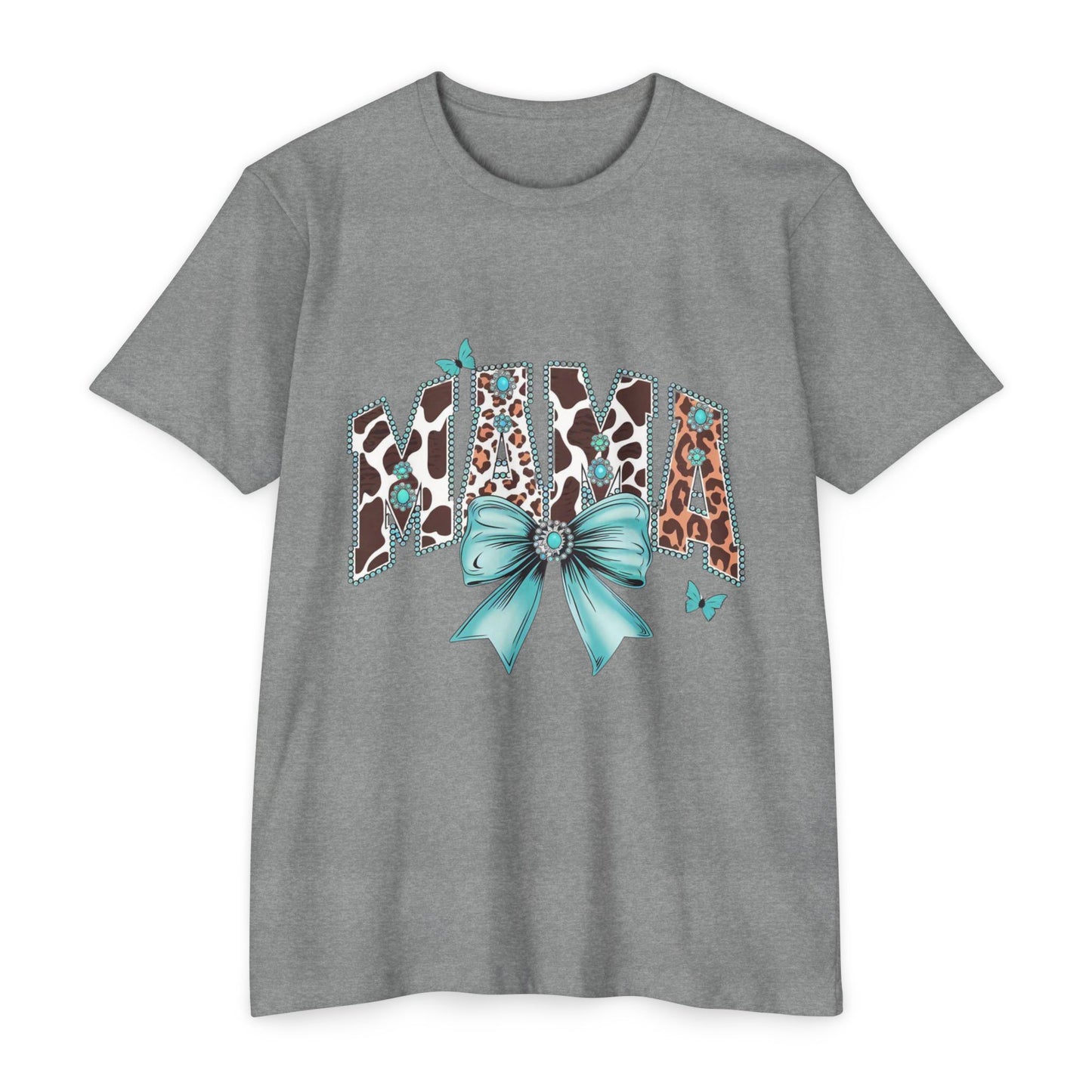 Mama Leopard Print Ribbon T‑Shirt — Teal Bow Mom Shirt