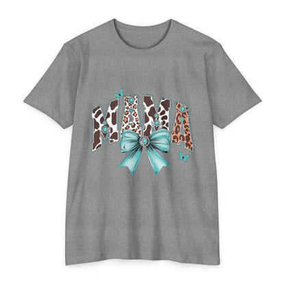 Mama Leopard Print Ribbon T‑Shirt — Teal Bow Mom Shirt