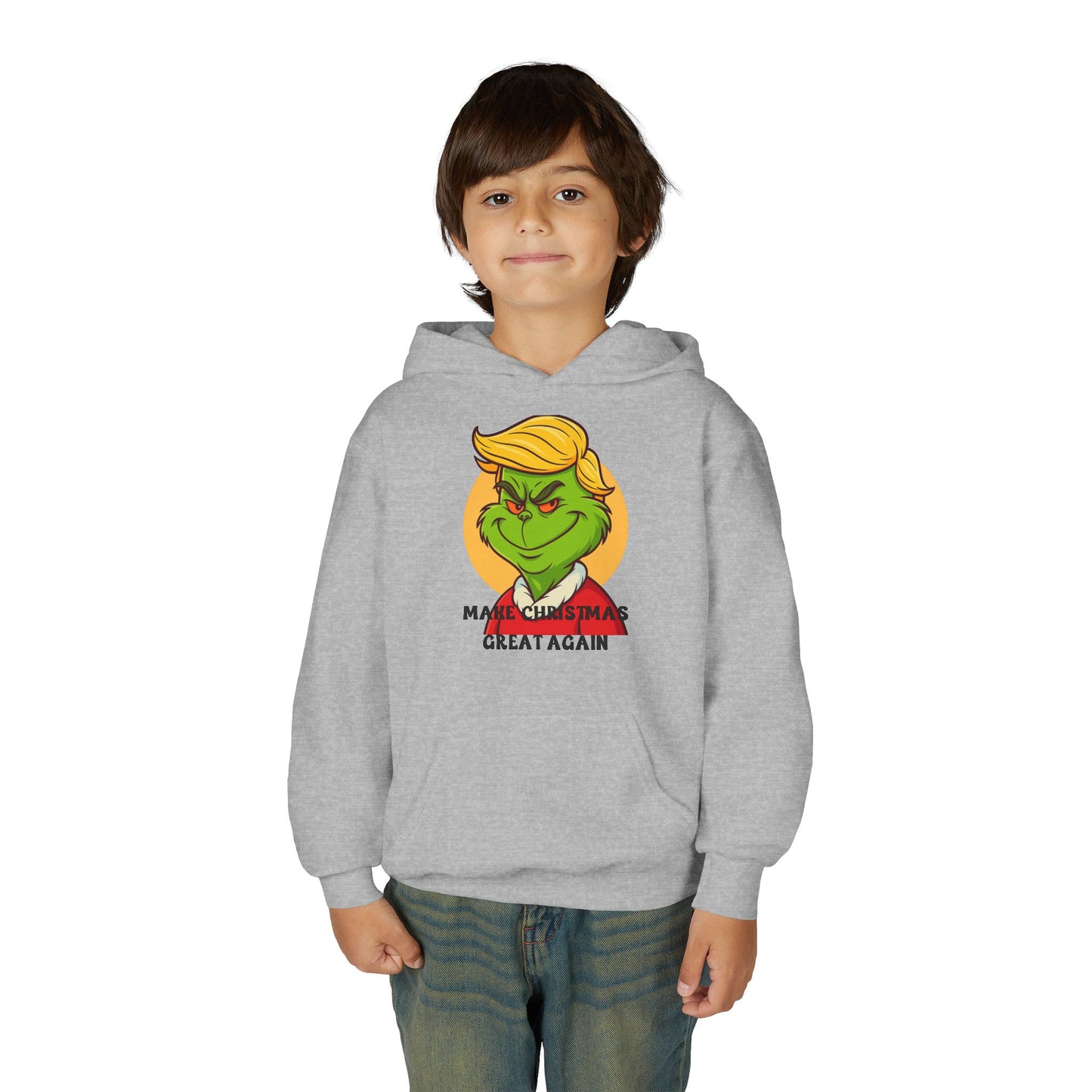 Youth Hoodie — Grinch Face Holiday Sweatshirt with 'Make Christmas Great Again' Text