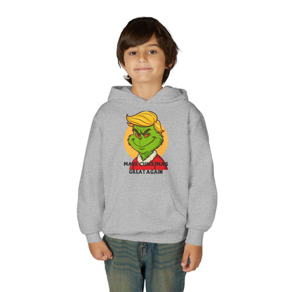Youth Hoodie — Grinch Face Holiday Sweatshirt with 'Make Christmas Great Again' Text