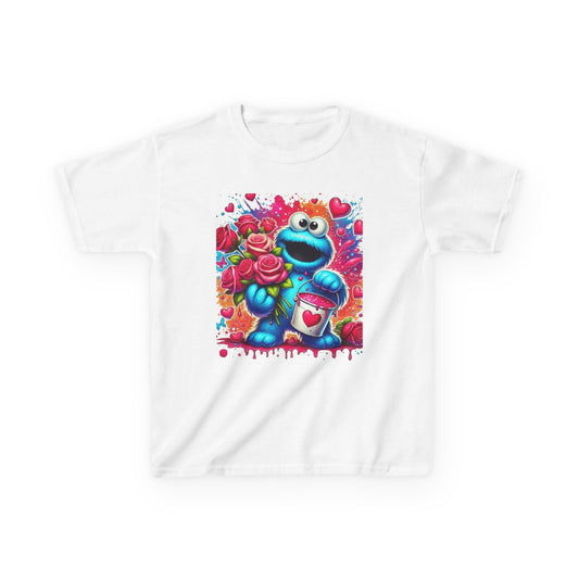 Valentine Blue Monster Kids Tee — Cute Fluffy Monster with Roses & Heart Paint