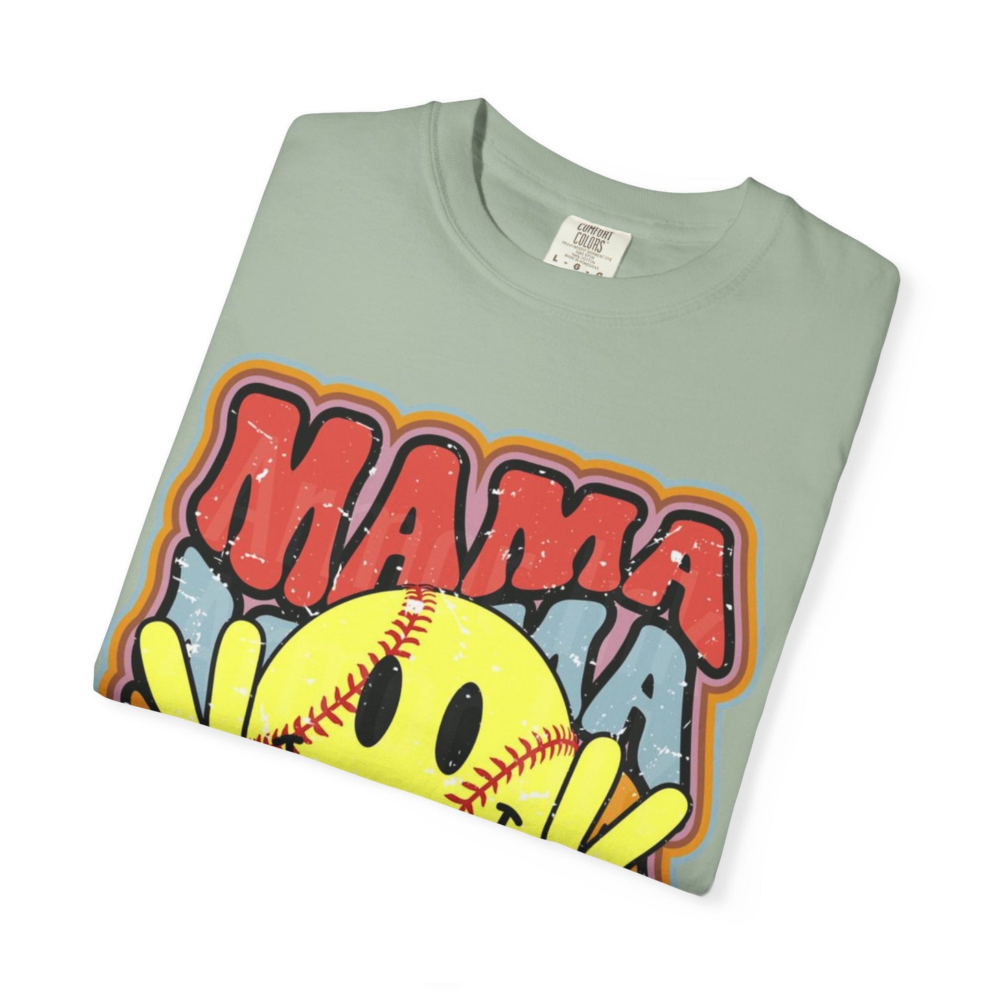 Mama Softball Smile T-Shirt — Retro Peace Sign Softball Mom Tee