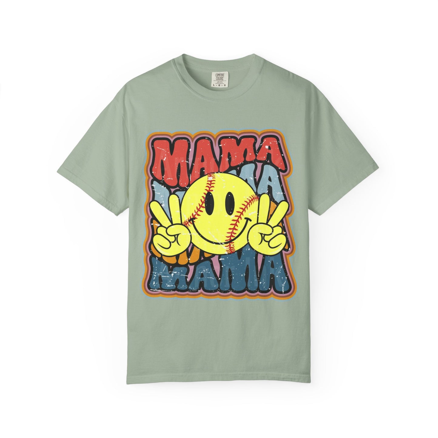 Mama Softball Smile T-Shirt — Retro Peace Sign Softball Mom Tee