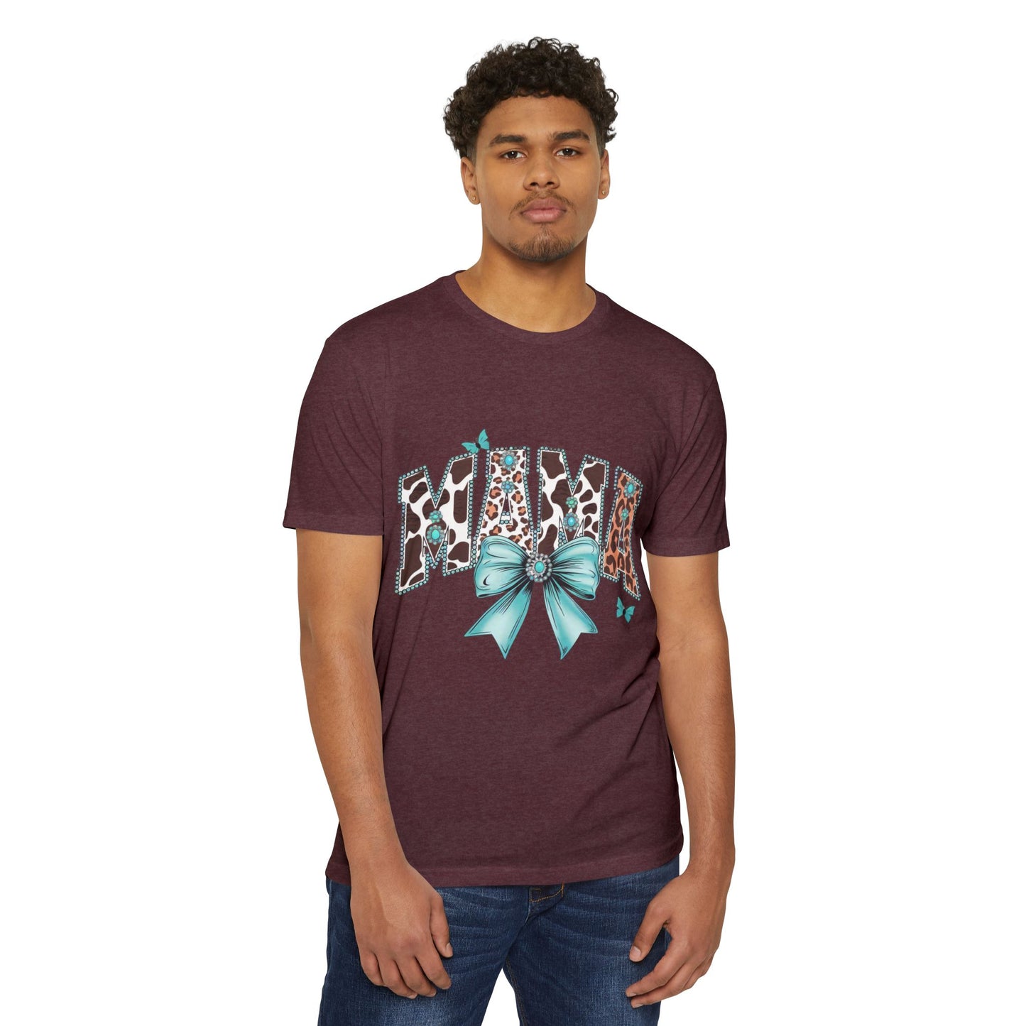Mama Leopard Print Ribbon T‑Shirt — Teal Bow Mom Shirt