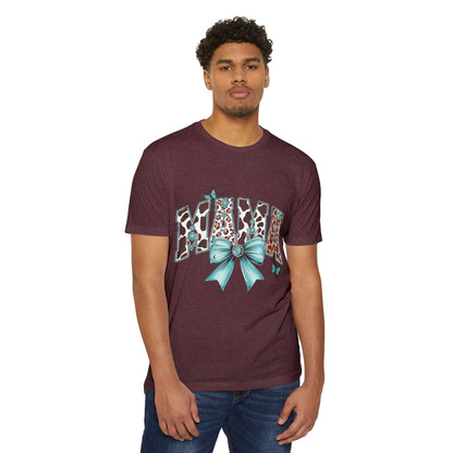 Mama Leopard Print Ribbon T‑Shirt — Teal Bow Mom Shirt