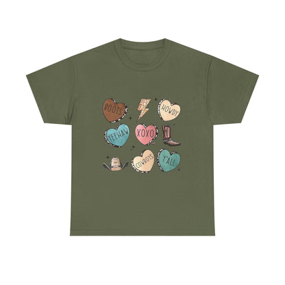 Cowgirl Candy Heart Tee — Cute Western Hearts Graphic T-Shirt (XOXO, Howdy, Y'all)