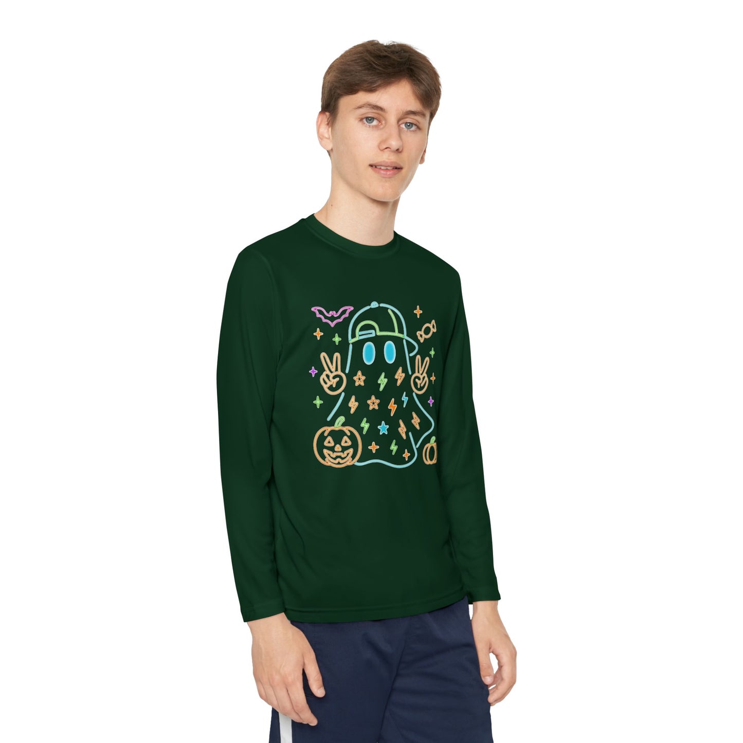 Youth Long Sleeve Ghost Tee, Halloween Shirt, Pumpkin Design, Cute Apparel, Kids' Holiday Wear, Spooky Fun Top