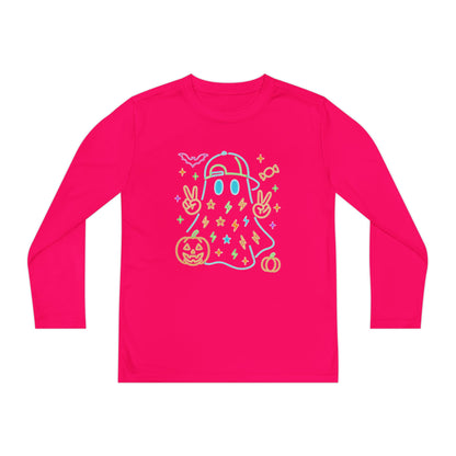 Youth Long Sleeve Ghost Tee, Halloween Shirt, Pumpkin Design, Cute Apparel, Kids' Holiday Wear, Spooky Fun Top