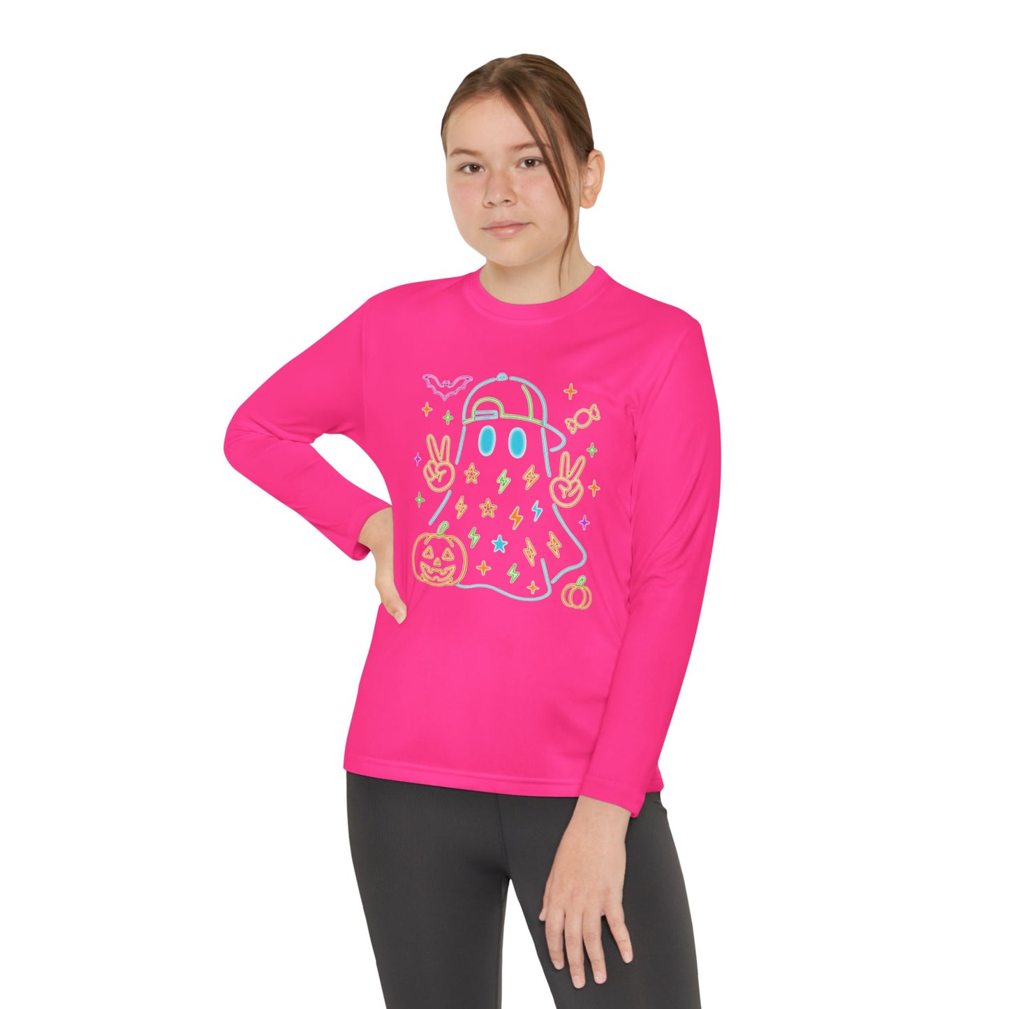 Youth Long Sleeve Ghost Tee, Halloween Shirt, Pumpkin Design, Cute Apparel, Kids' Holiday Wear, Spooky Fun Top