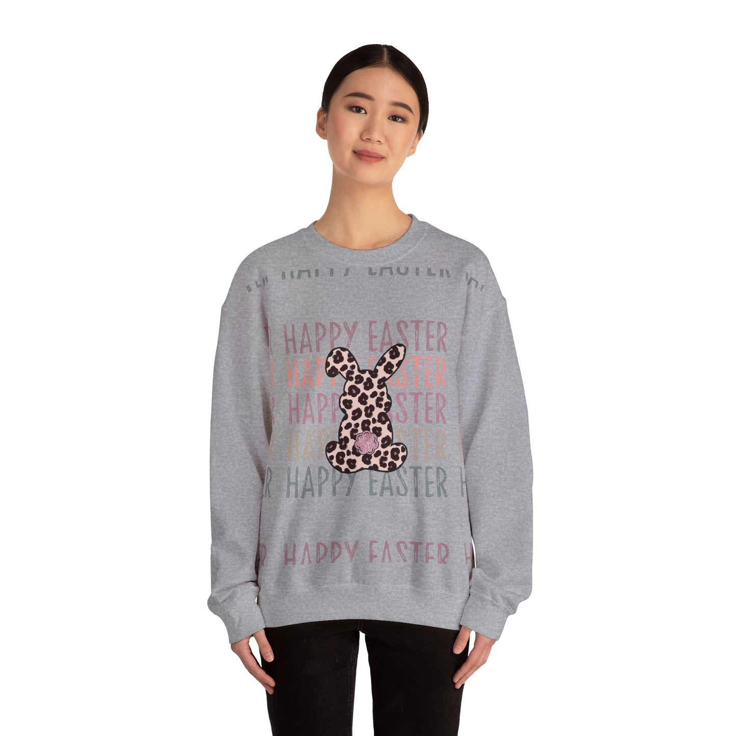 Easter Leopard Bunny Sweatshirt — "Happy Easter" Pastel Graphic Crewneck