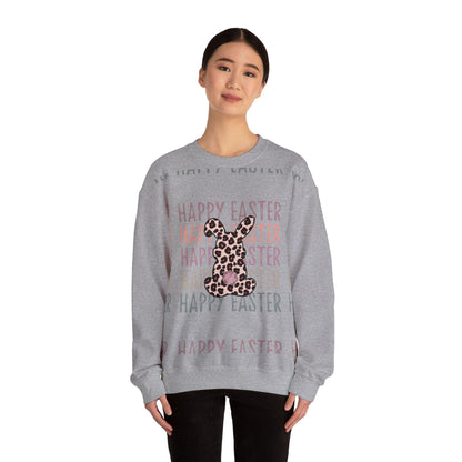 Easter Leopard Bunny Sweatshirt — "Happy Easter" Pastel Graphic Crewneck