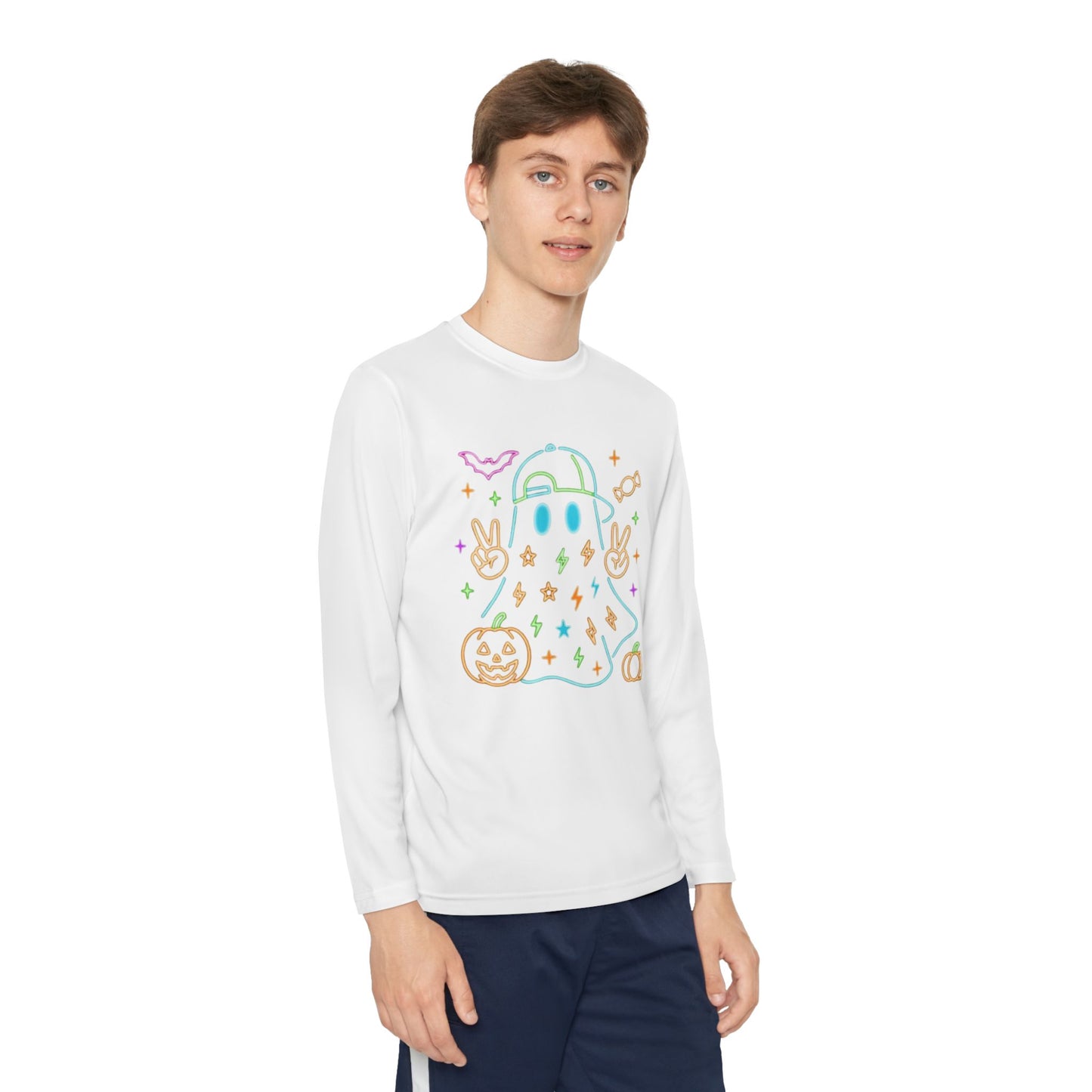 Youth Long Sleeve Ghost Tee, Halloween Shirt, Pumpkin Design, Cute Apparel, Kids' Holiday Wear, Spooky Fun Top
