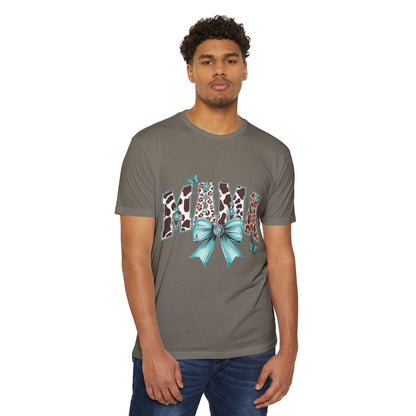 Mama Leopard Print Ribbon T‑Shirt — Teal Bow Mom Shirt