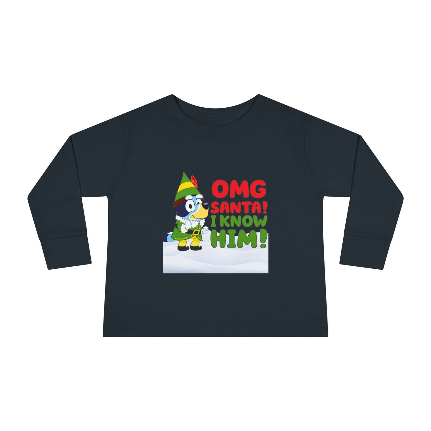 BLUE-Y Toddler Long Sleeve Tee — "OMG Santa! I Know Him!" DOG Christmas Shirt