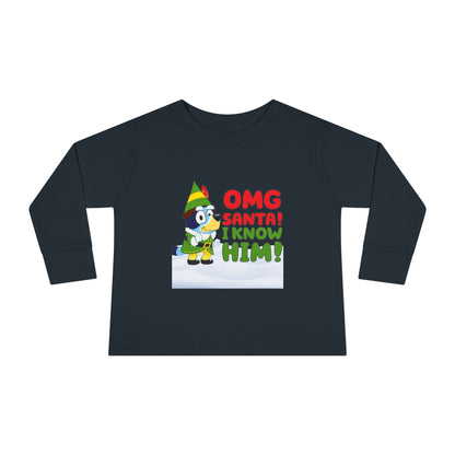 BLUE-Y Toddler Long Sleeve Tee — "OMG Santa! I Know Him!" DOG Christmas Shirt