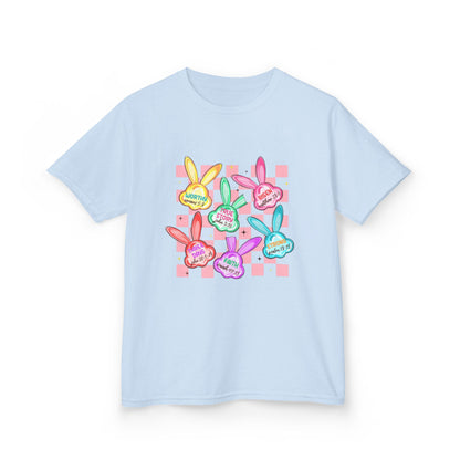 Kids Tee — Colorful Pastel Bunny Badges “Hug Me” Graphic