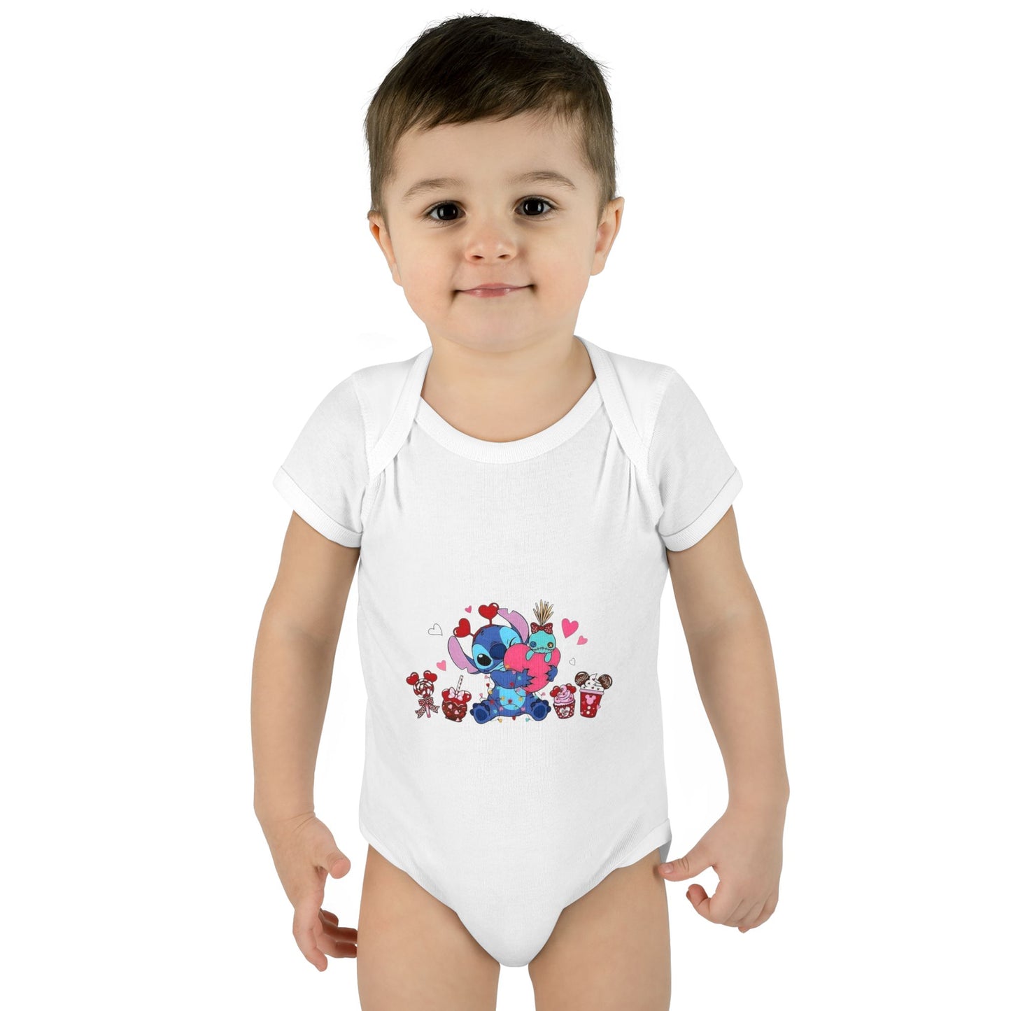 Stitch Valentine Baby Bodysuit — Cute Disney-Inspired Infant Onesie with Hearts & Treats