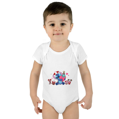 Stitch Valentine Baby Bodysuit — Cute Disney-Inspired Infant Onesie with Hearts & Treats