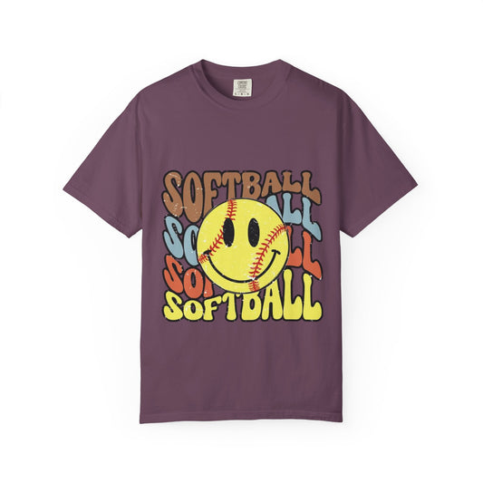 Softball Smile T-Shirt — Retro Smiley Softball Graphic Tee