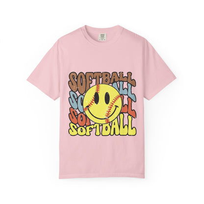 Softball Smile T-Shirt — Retro Smiley Softball Graphic Tee