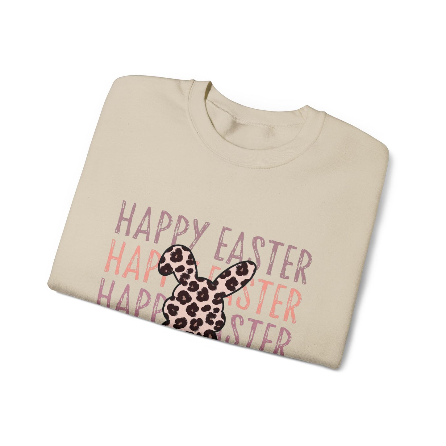 Easter Leopard Bunny Sweatshirt — "Happy Easter" Pastel Graphic Crewneck