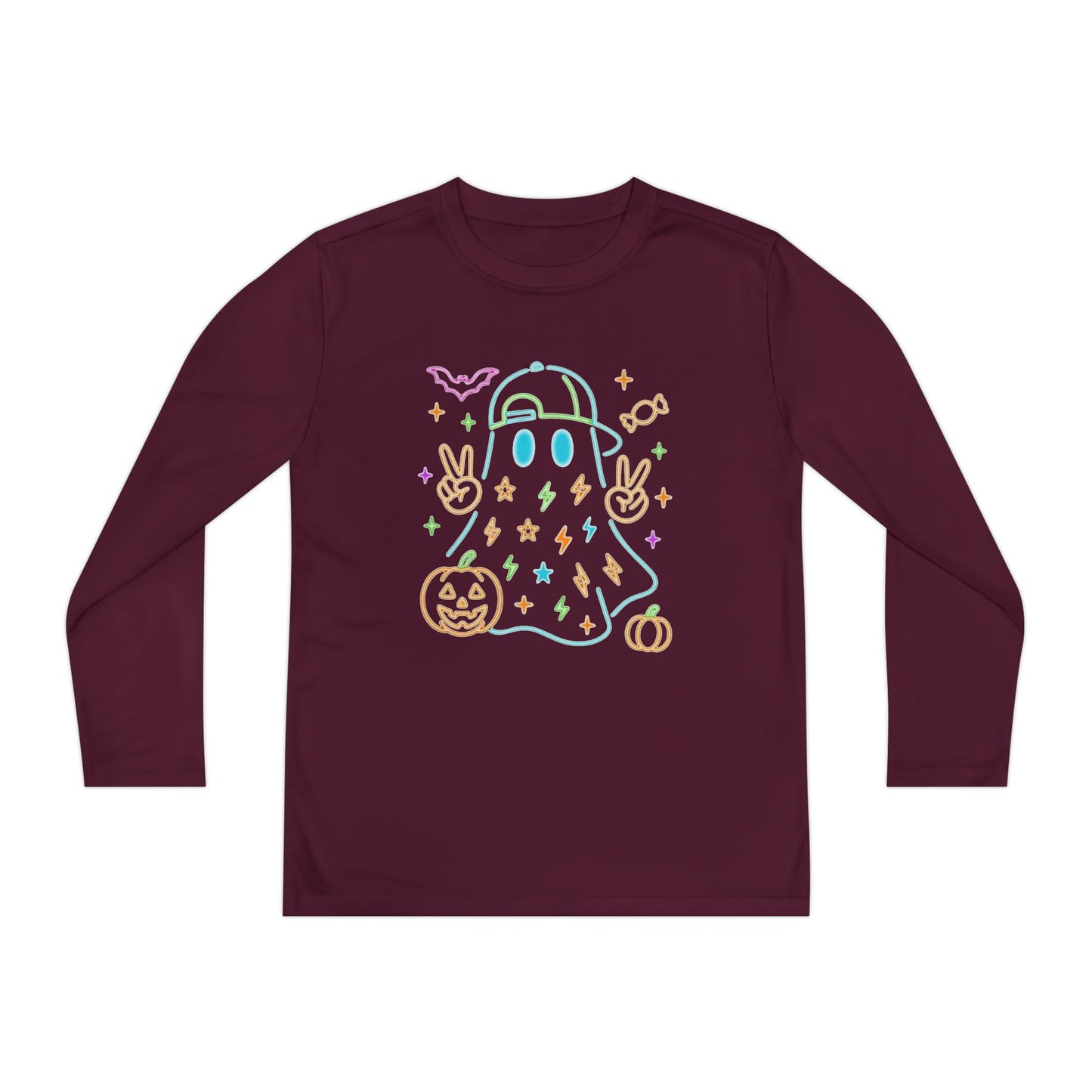 Youth Long Sleeve Ghost Tee, Halloween Shirt, Pumpkin Design, Cute Apparel, Kids' Holiday Wear, Spooky Fun Top