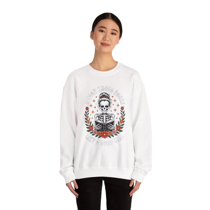 Skeleton Reading Sweatshirt — "And Then There Were None" Floral Gothic Crewneck