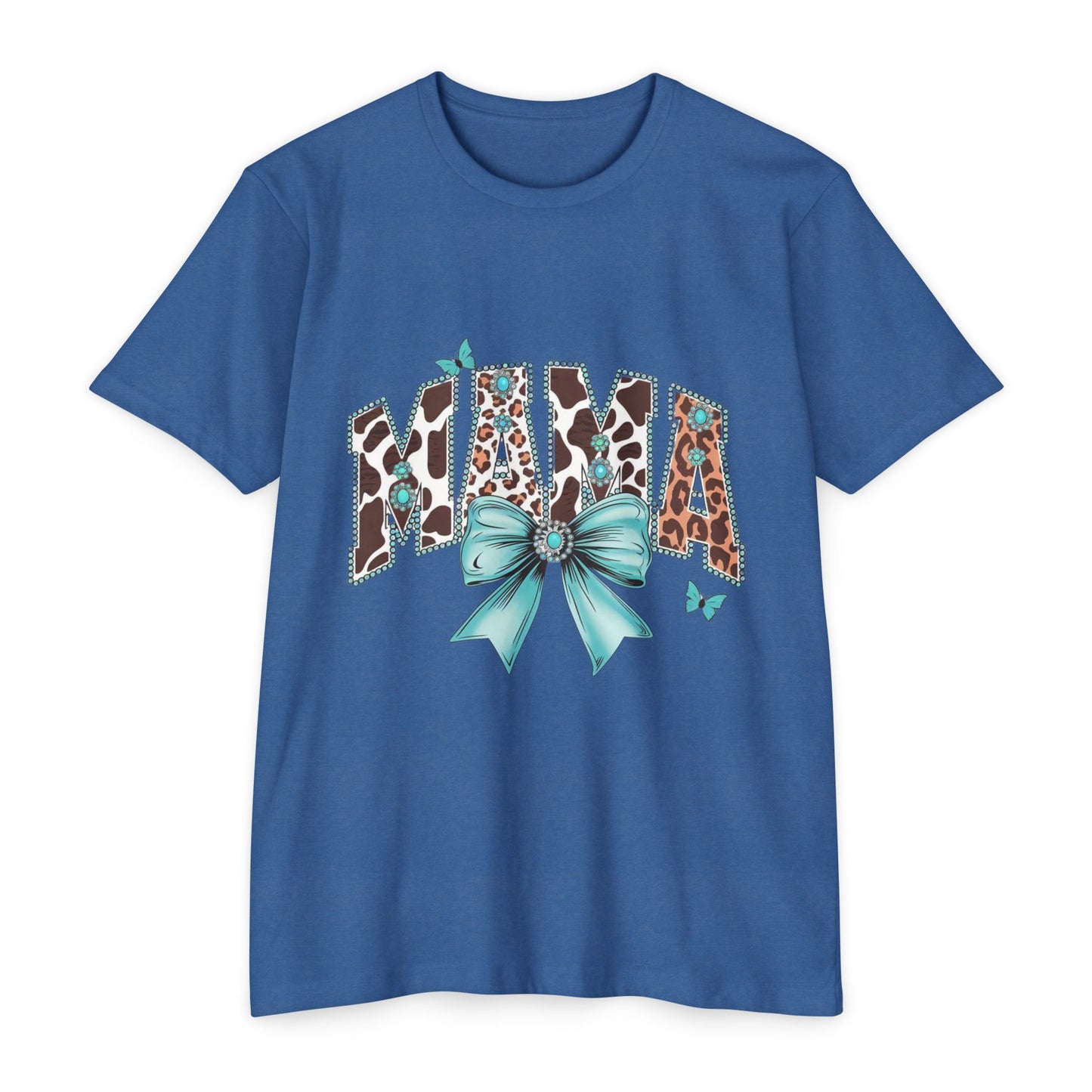 Mama Leopard Print Ribbon T‑Shirt — Teal Bow Mom Shirt
