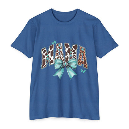 Mama Leopard Print Ribbon T‑Shirt — Teal Bow Mom Shirt