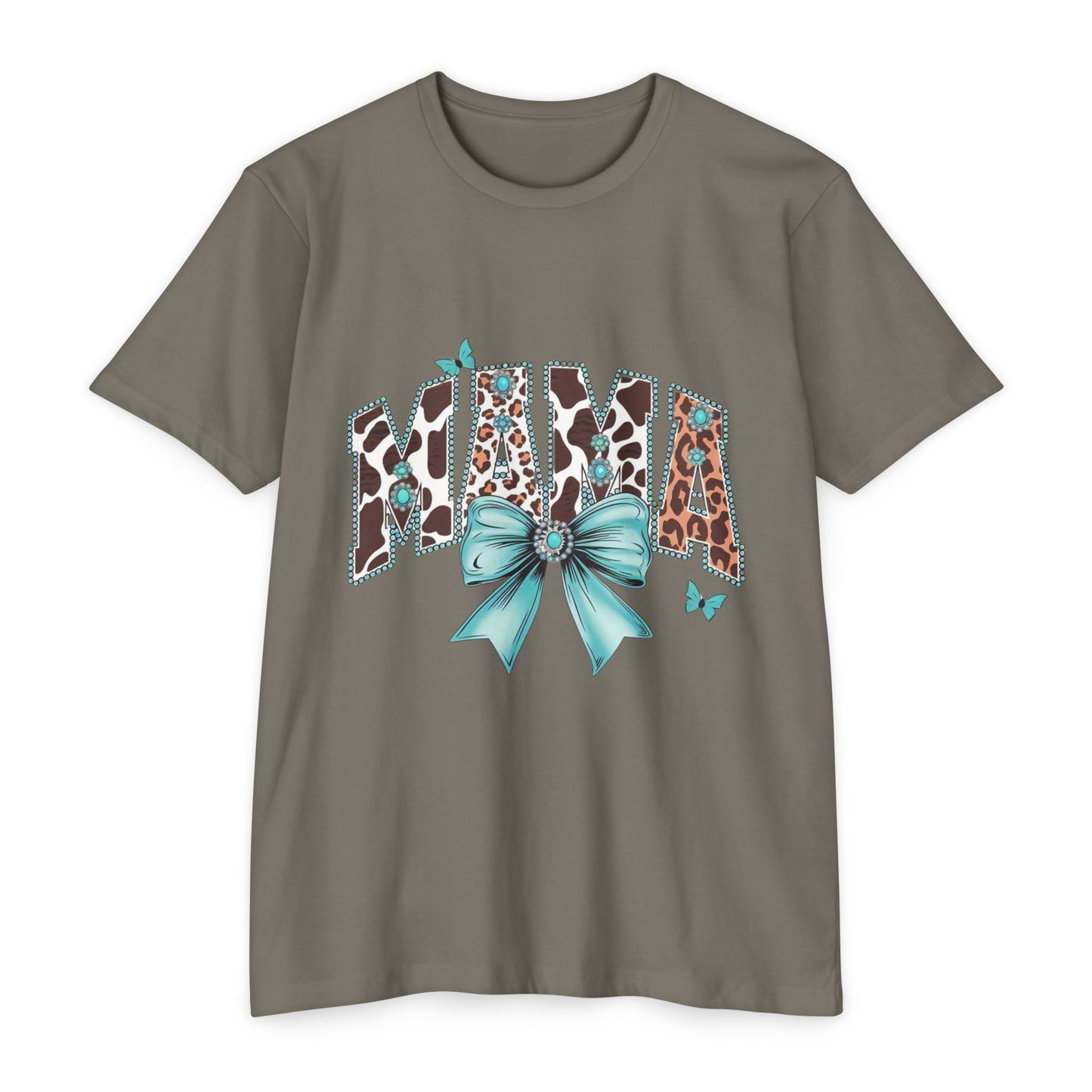 Mama Leopard Print Ribbon T‑Shirt — Teal Bow Mom Shirt