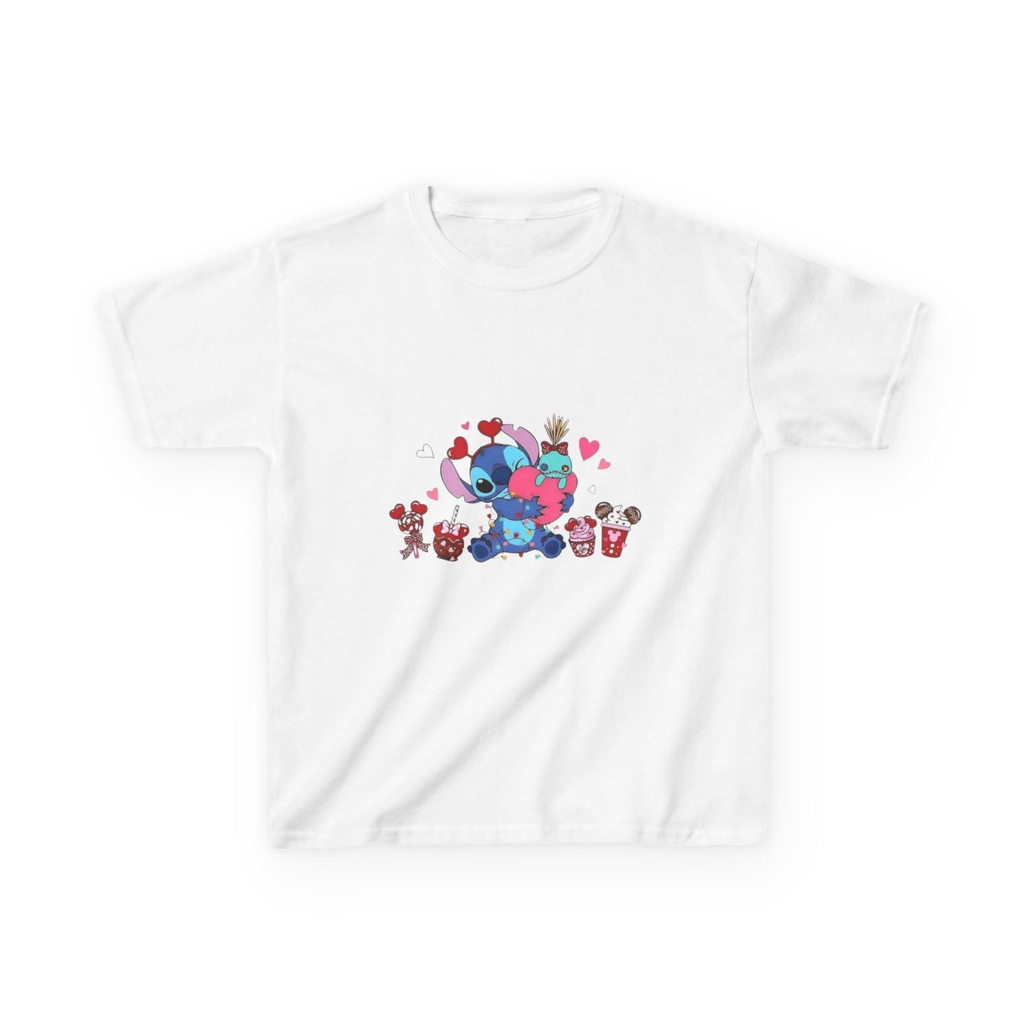 Stitch- Kids Valentine Alien Tee — Cute Blue Alien Hugging Pink Heart Plushie