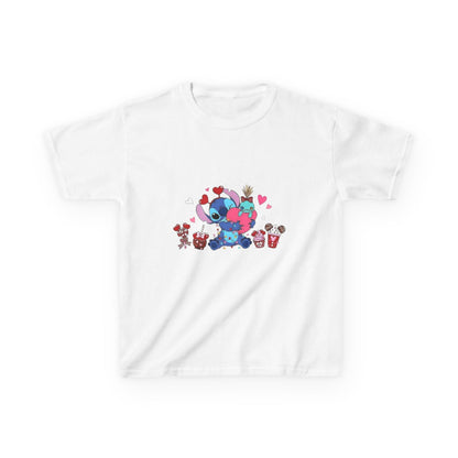 Stitch- Kids Valentine Alien Tee — Cute Blue Alien Hugging Pink Heart Plushie