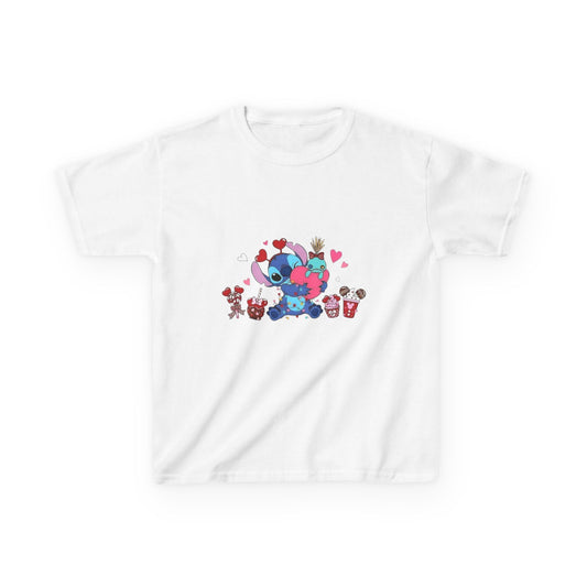 Stitch- Kids Valentine Alien Tee — Cute Blue Alien Hugging Pink Heart Plushie