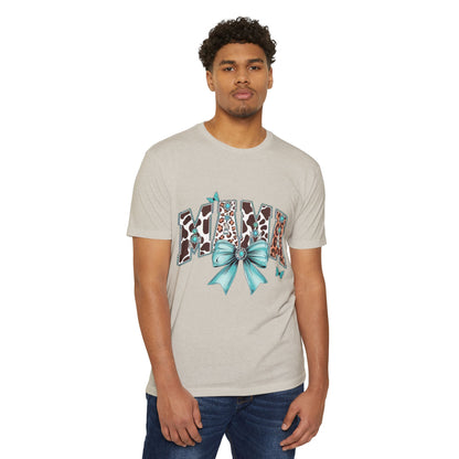 Mama Leopard Print Ribbon T‑Shirt — Teal Bow Mom Shirt