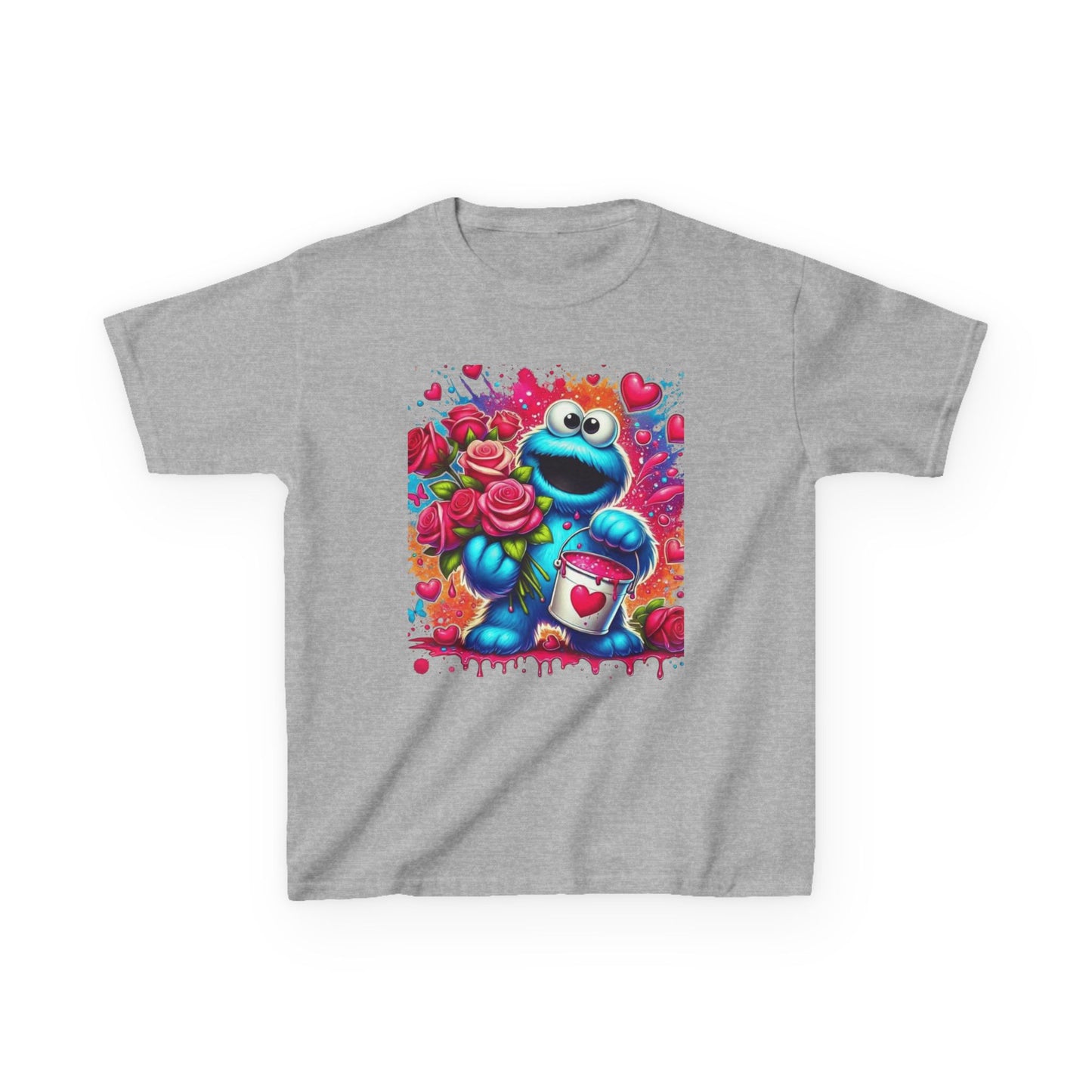 Valentine Blue Monster Kids Tee — Cute Fluffy Monster with Roses & Heart Paint