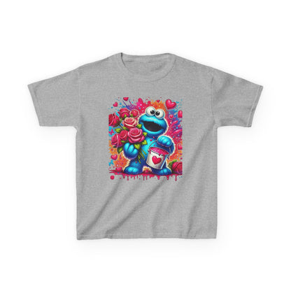 Valentine Blue Monster Kids Tee — Cute Fluffy Monster with Roses & Heart Paint