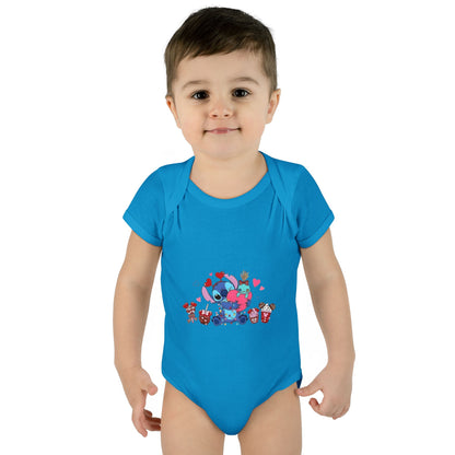 Stitch Valentine Baby Bodysuit — Cute Disney-Inspired Infant Onesie with Hearts & Treats