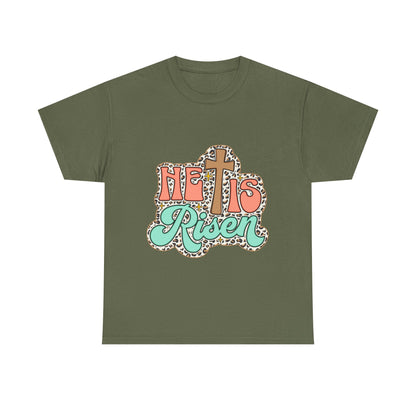 Christian T-Shirt — "He Is Risen" Easter Cross Tee