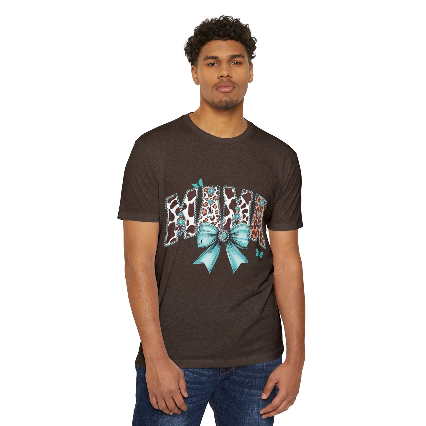 Mama Leopard Print Ribbon T‑Shirt — Teal Bow Mom Shirt